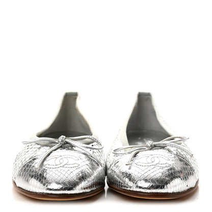 Chanel Metallic Snakeskin Cap Toe CC Ballerina Flats 37.5 Silver 3 of 9