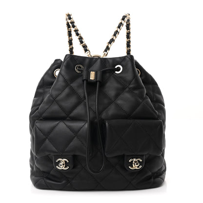 Chanel Lambskin Quilted Double Pocket Drawstring Backpack Black 1 of 10