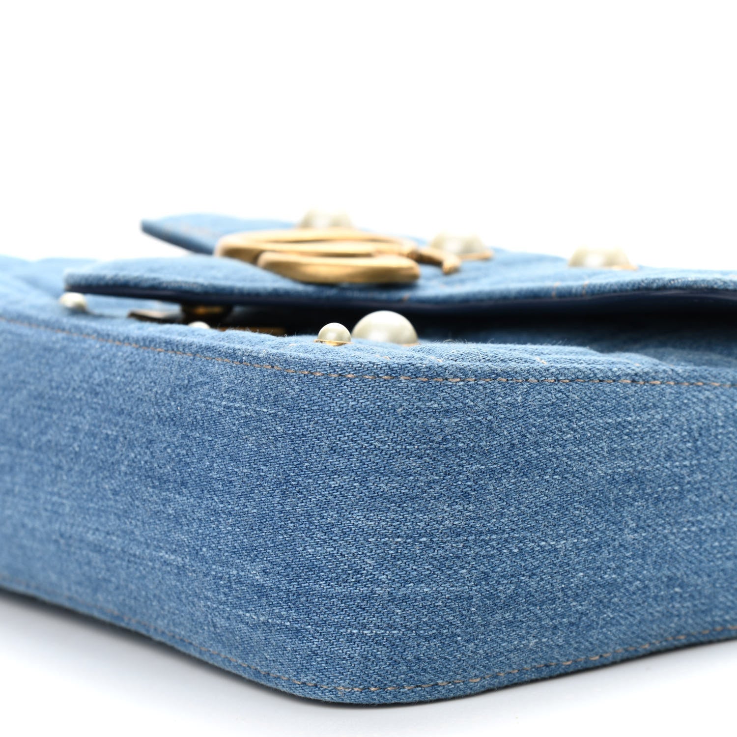 Gucci Denim Matelasse Pearl Studded Mini GG Marmont Shoulder Bag Blue 10 of 11