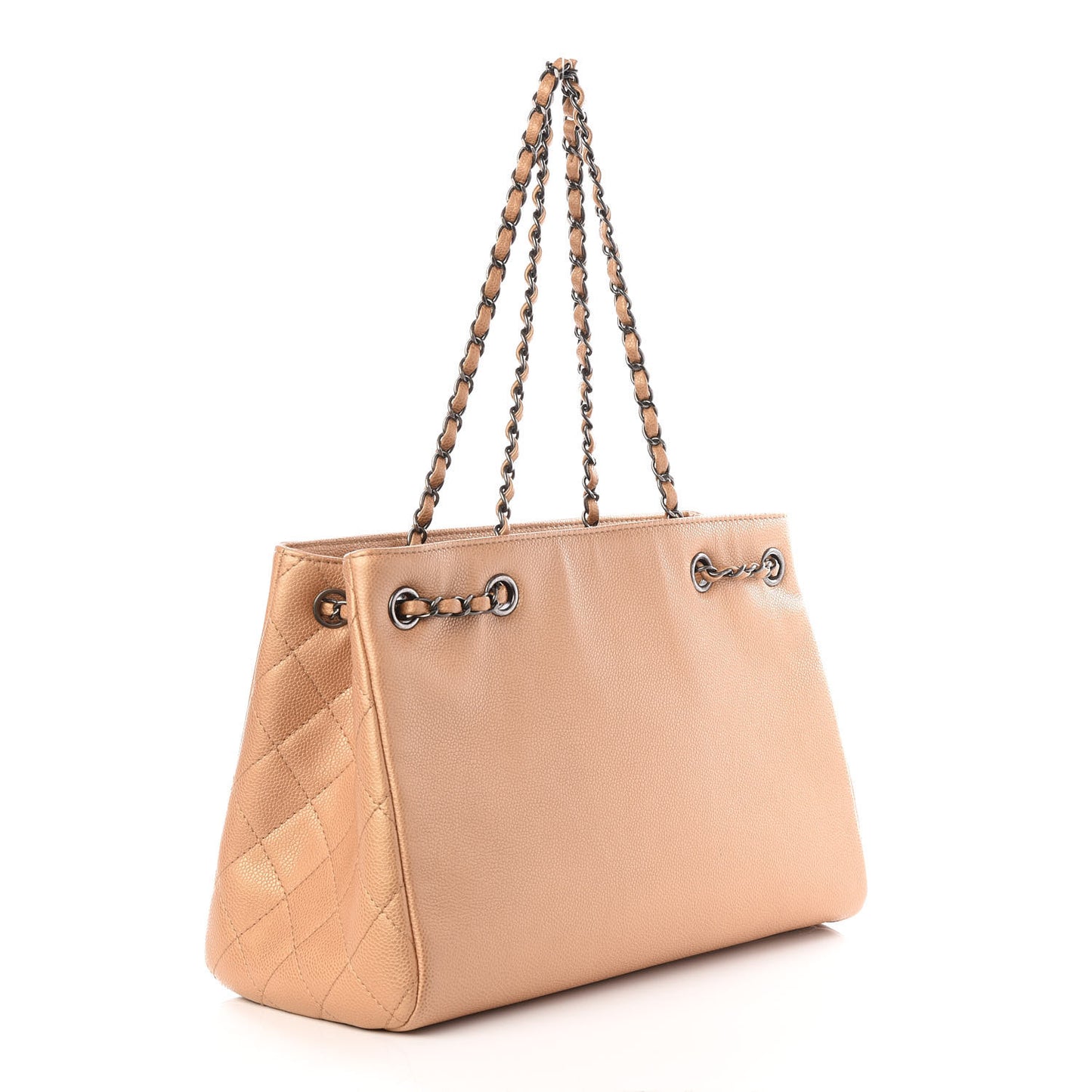 Metallic Grained Calfskin Woven Chain Medium Shopping Tote Beige
