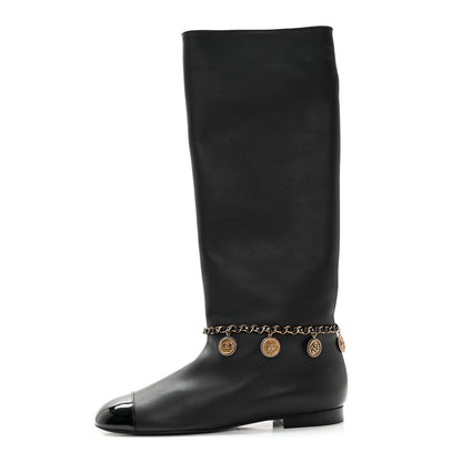 Chanel Lambskin Patent Cap Toe Medallion Chain Knee High Boots 39.5 Black 1 of 9