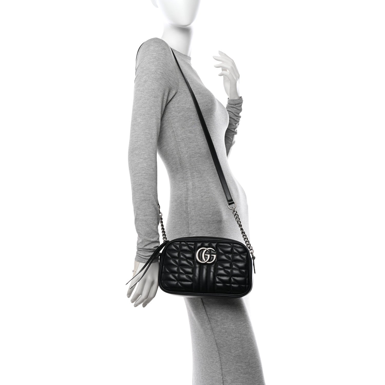 Gucci Calfskin Matelasse Aria Small GG Marmont Chain Shoulder Bag Black 2 of 11