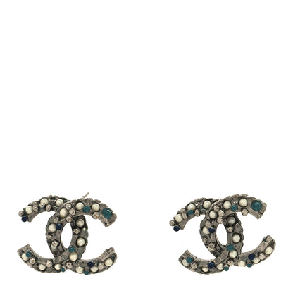 Chanel Crystal Pearl Resin Beaded CC Earrings Ruthenium Blue 1 of 4