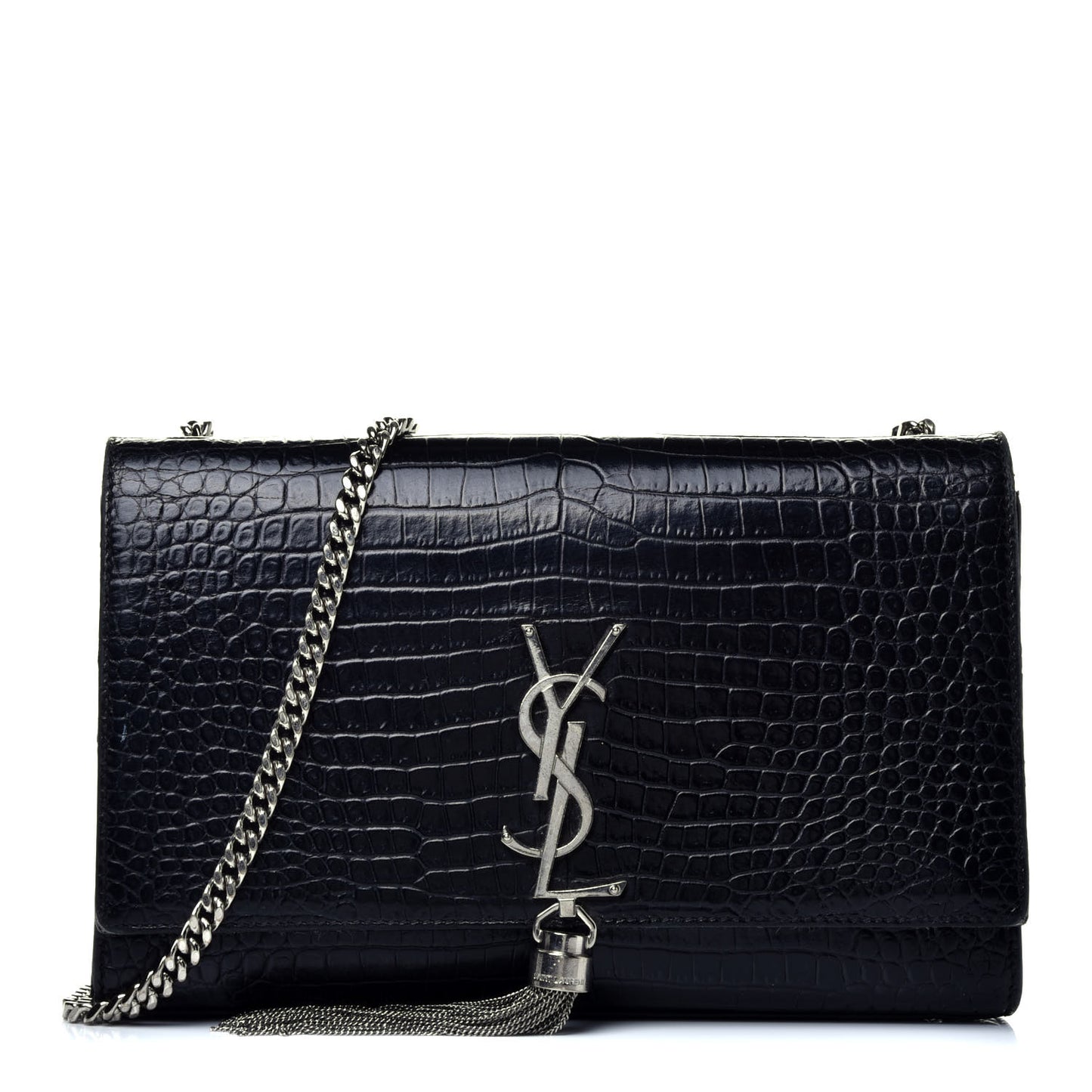 Calfskin Crocodile Embossed Medium Classic Monogram Kate Tassel Satchel Black