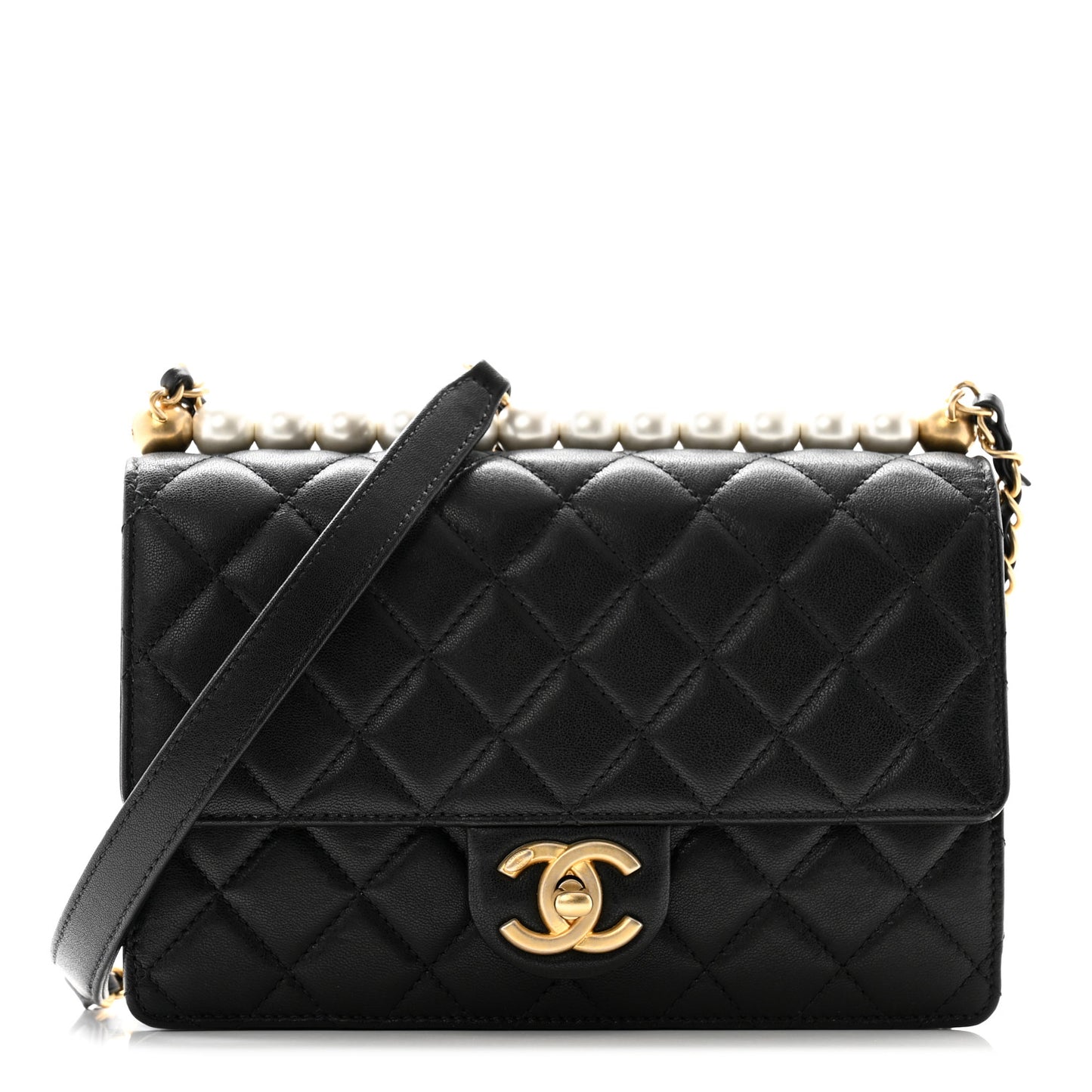 Goatskin Quilted Small Chic Pearls Flap Black