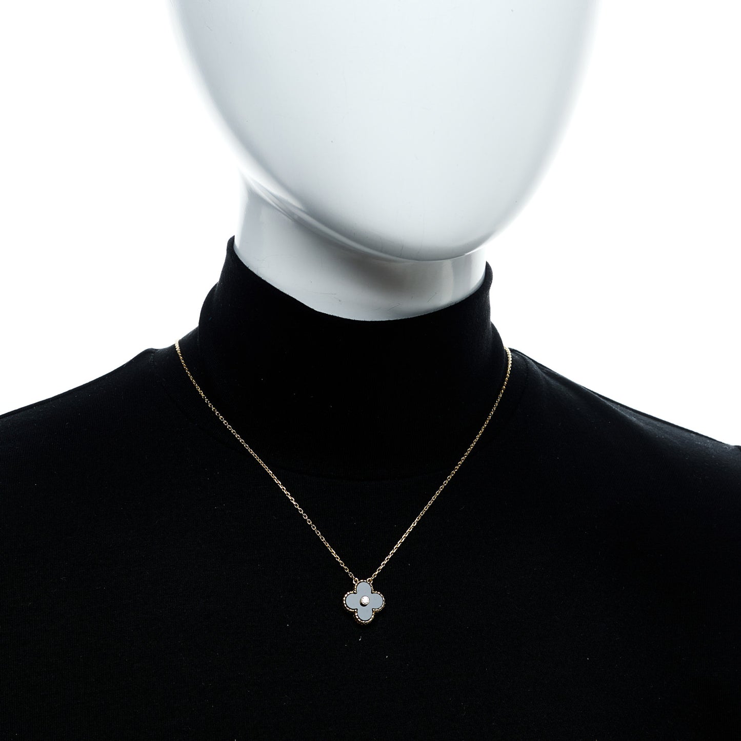 18K Yellow Gold Diamond Black Onyx Vintage Alhambra Pendant Necklace