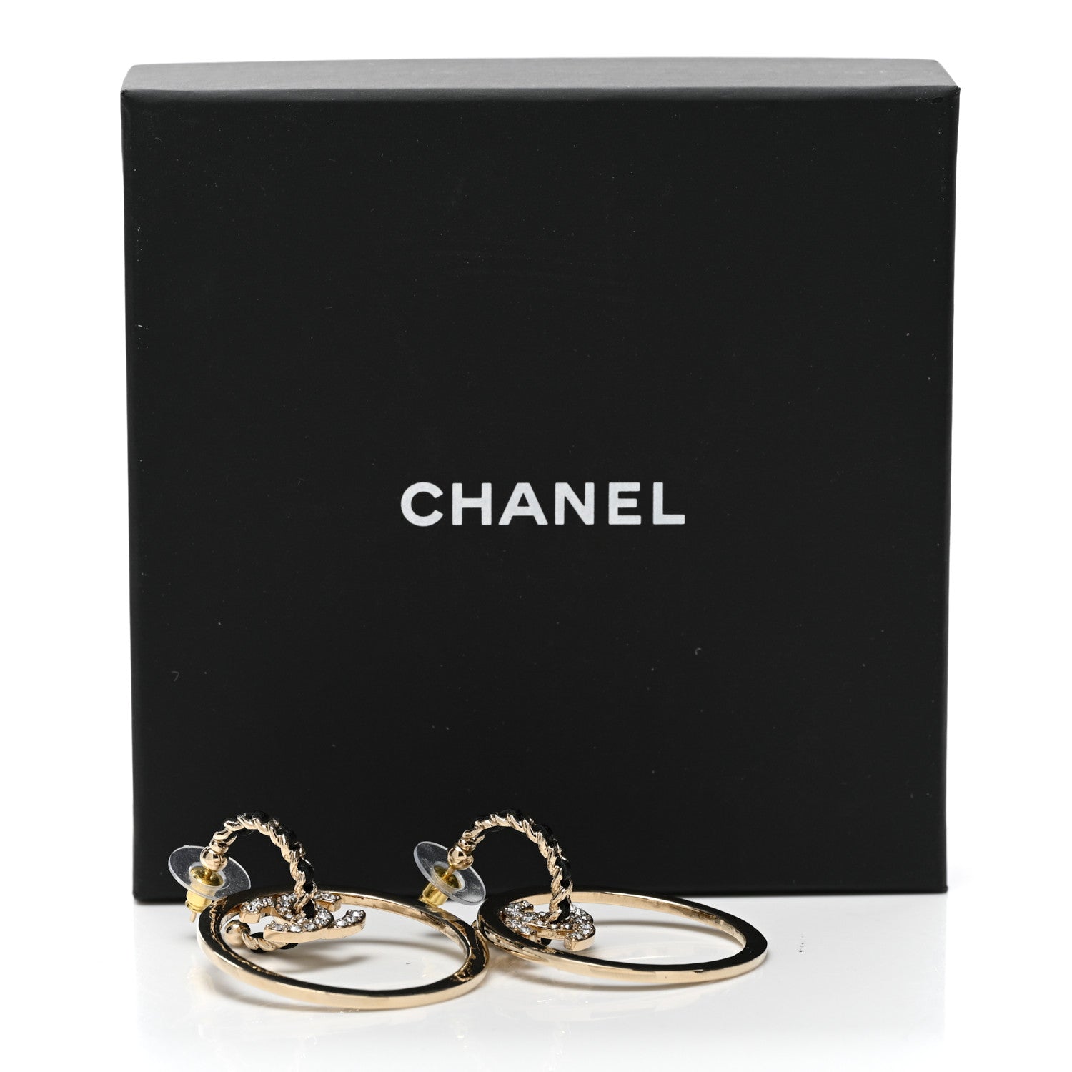 Chanel Metal Crystal Lambskin CC Chain Hoop Earrings Gold Black 5 of 5