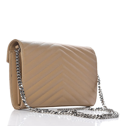 Saint Laurent Grain De Poudre Matelasse Chevron Monogram Chain Wallet Deep Beige 3 of 15