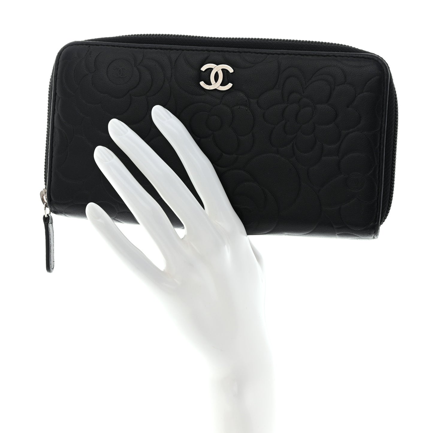 Lambskin Camellia Embossed Large Zip Around Gusset Wallet Black