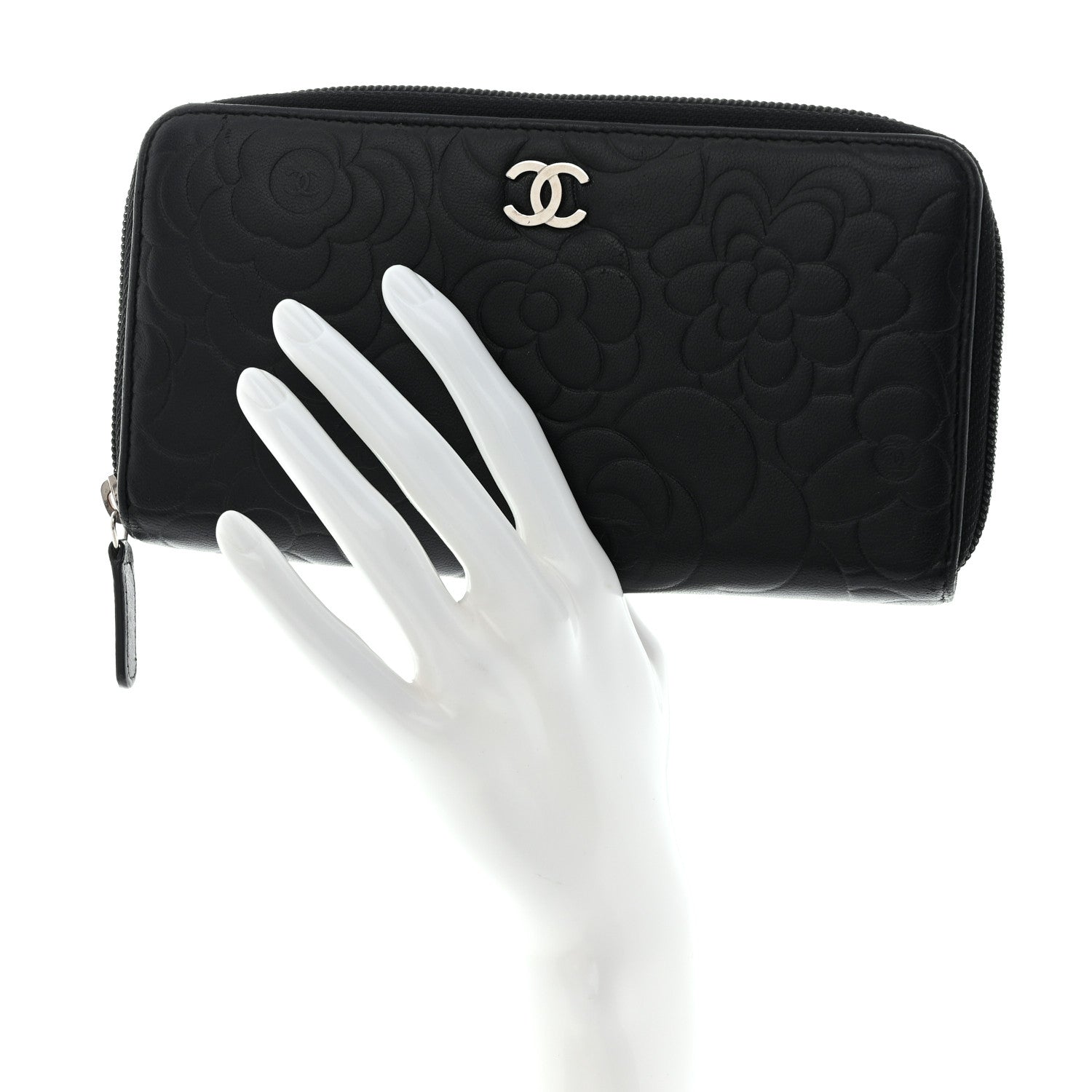 Chanel Lambskin Camellia Embossed Large Zip Around Gusset Wallet Black 2 of 10