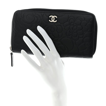 Chanel Lambskin Camellia Embossed Large Zip Around Gusset Wallet Black 2 of 10