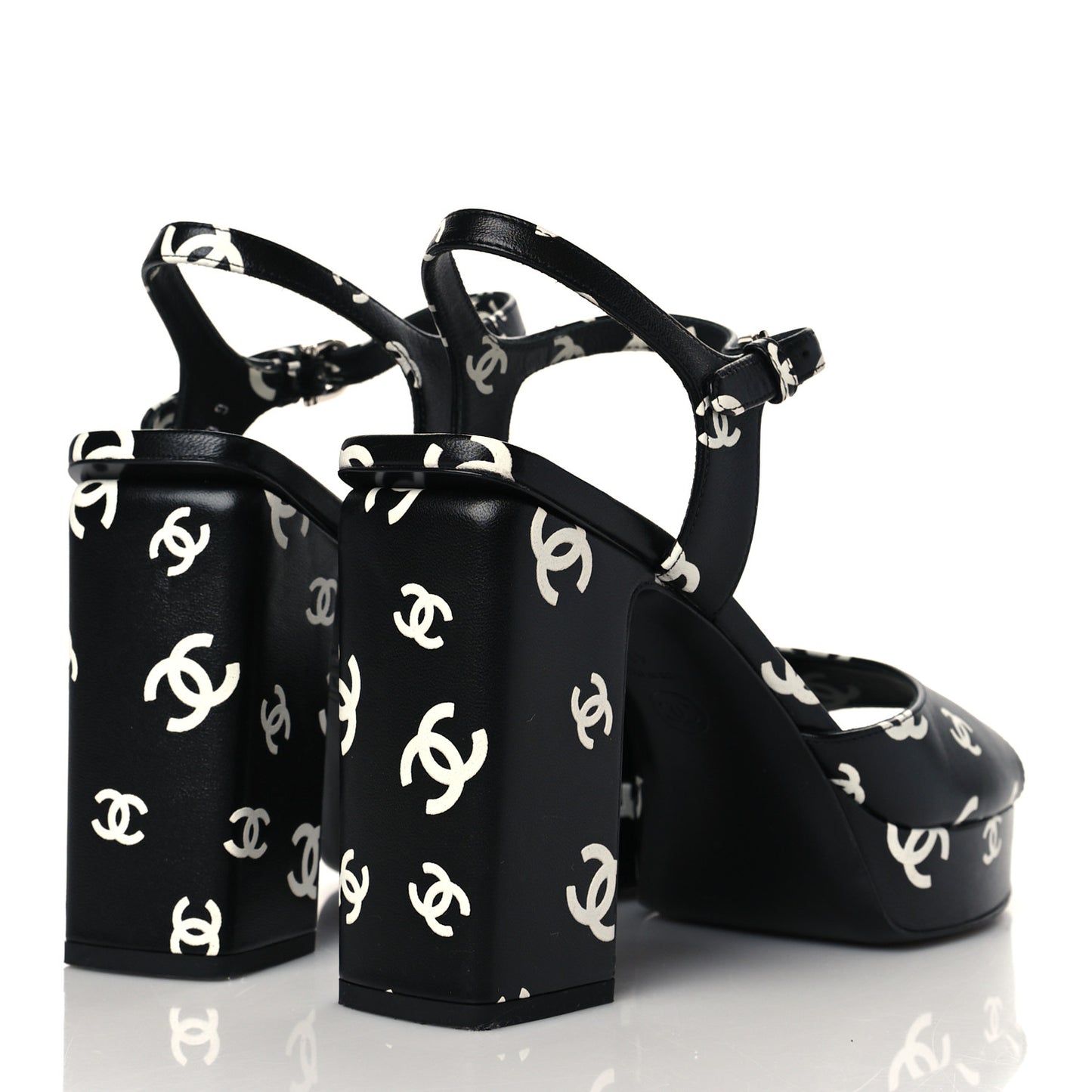 Printed Lambskin CC Platform Sandals 41 Black White