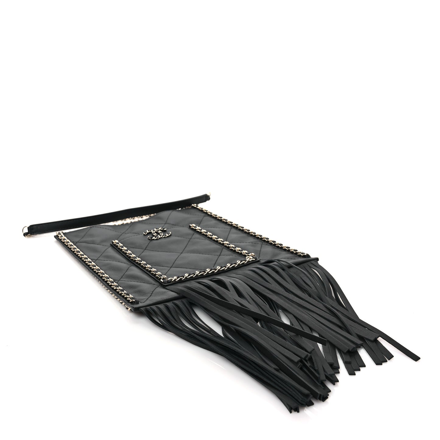 Calfskin Quilted Fringe Small Shopping Bag Black