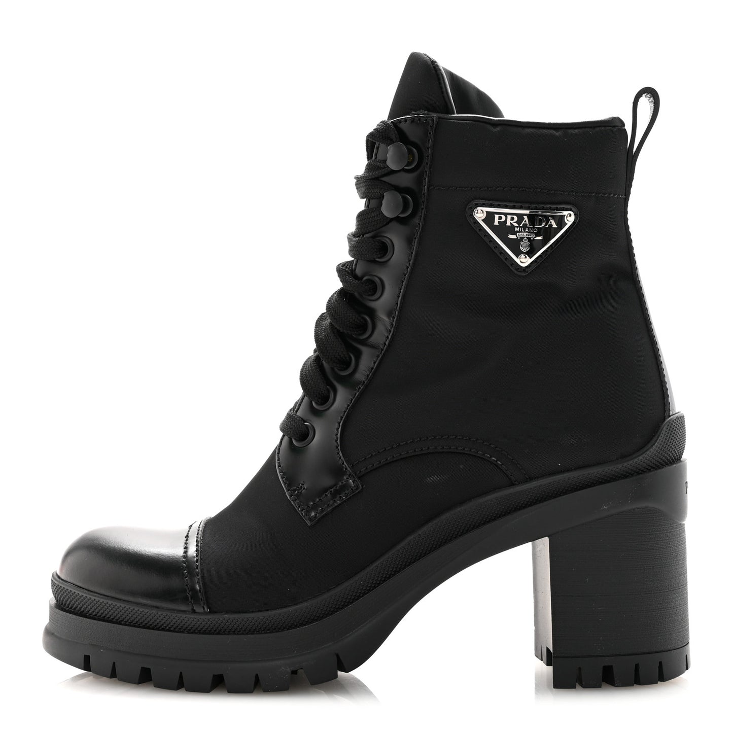 Spazzolato Re-Nylon Metal Triangle Logo Lace Up 85mm Ankle Boots 36 Black
