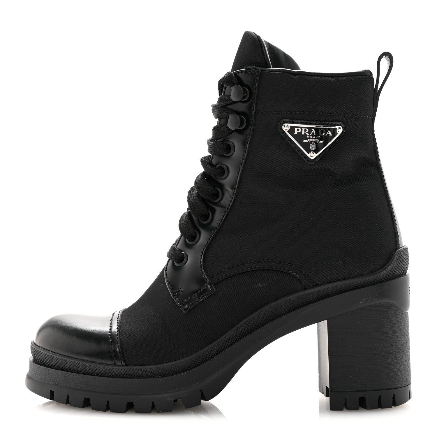 Prada Spazzolato Re-Nylon Metal Triangle Logo Lace Up 85mm Ankle Boots 36 Black 1 of 9
