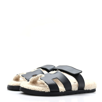 Hermes Calfskin Woolskin Womens Chypre Sandals 38.5 Black Ecru 3 of 8