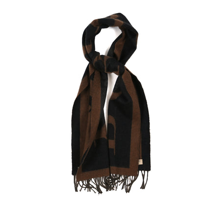 Burberry Cashmere Wool Bi-Color Logo Fringe Scarf Beige Black 1 of 3