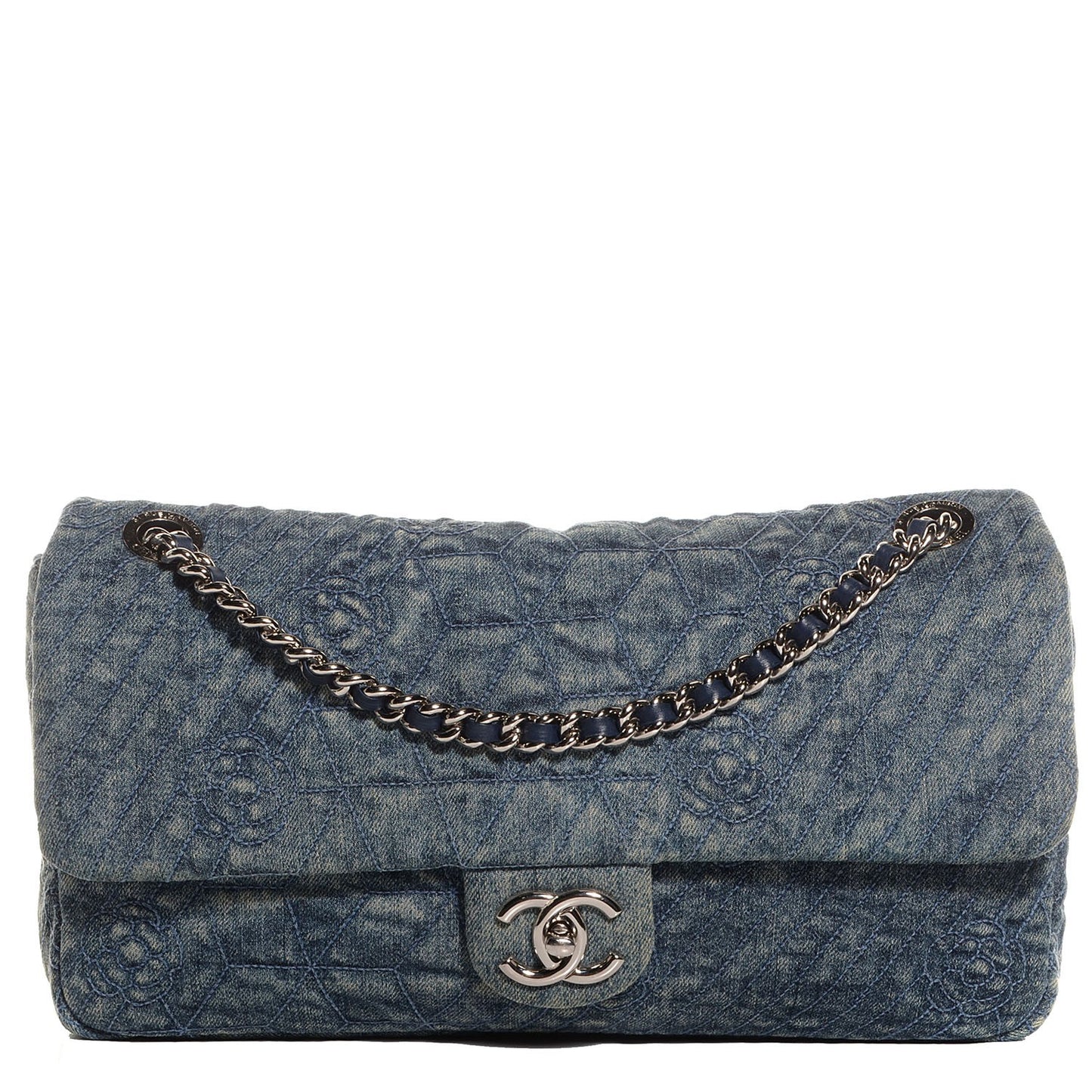 Denim Quilted Camellia Embroidered Large Flap Blue