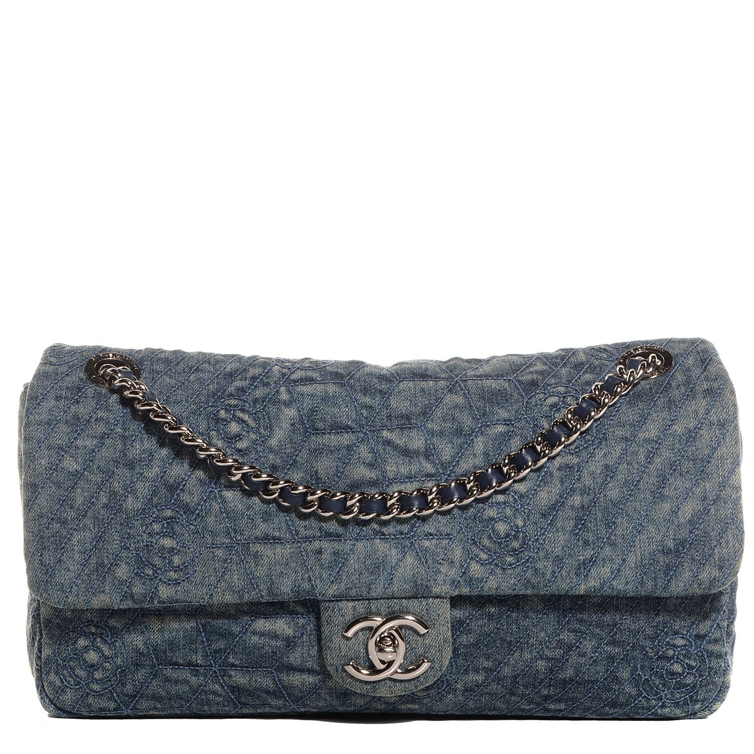 Chanel Denim Quilted Camellia Embroidered Large Flap Blue 1 of 8