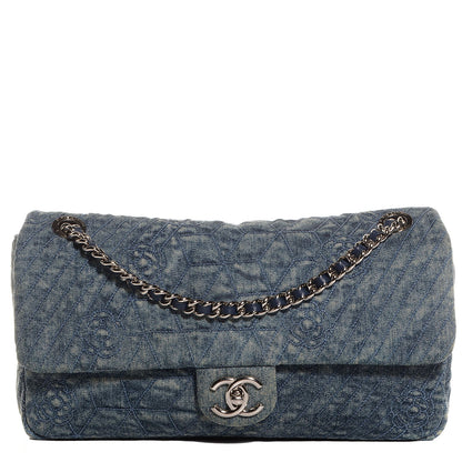 Chanel Denim Quilted Camellia Embroidered Large Flap Blue 1 of 8