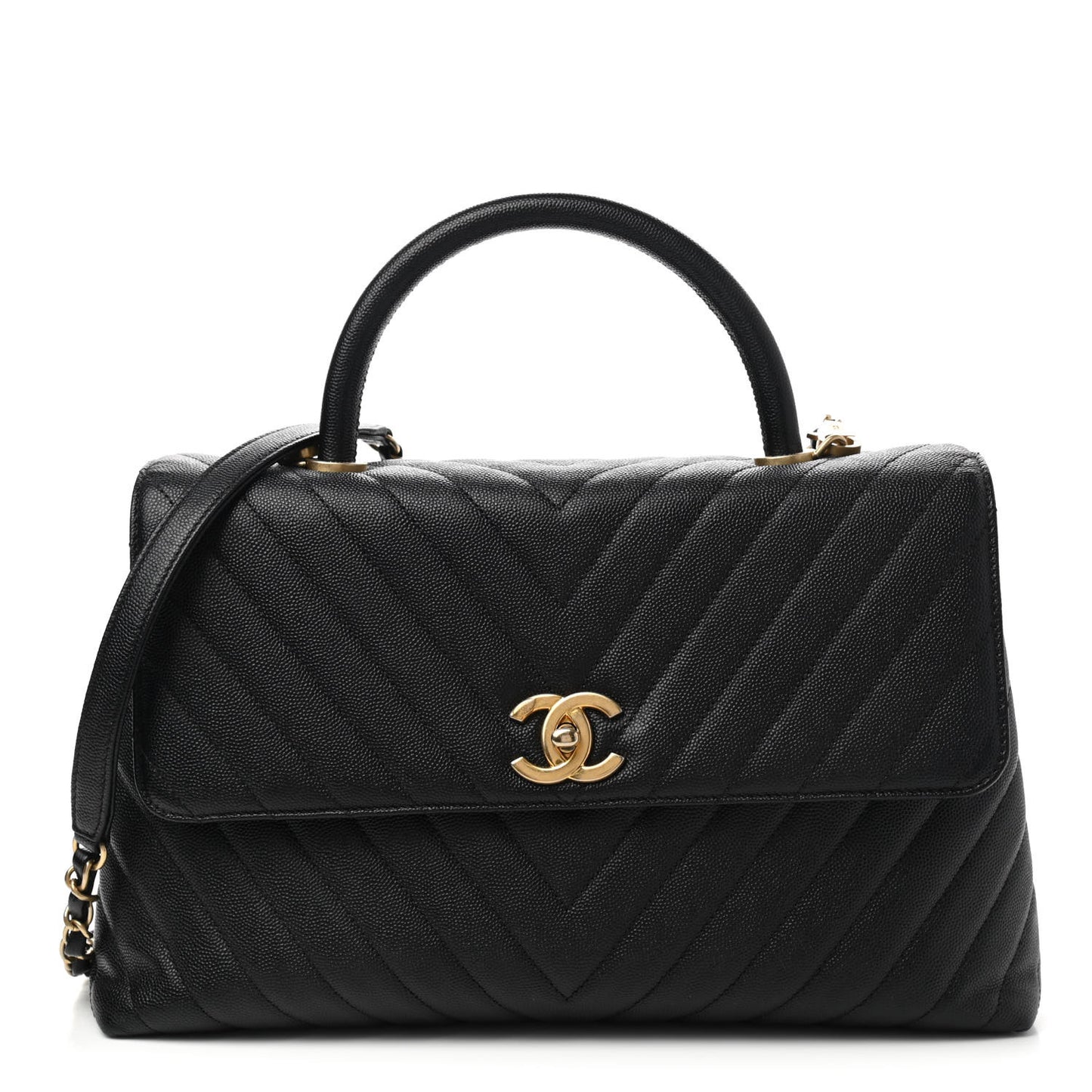 Caviar Chevron Quilted Medium Coco Handle Flap Black