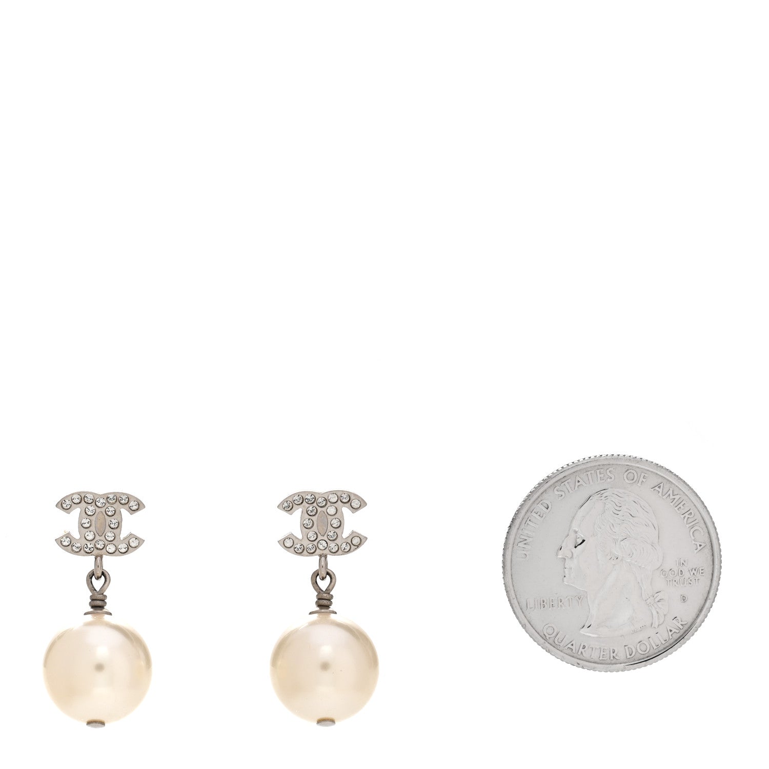 Chanel Crystal Pearl CC Drop Earrings Silver Pearly White 2 of 5