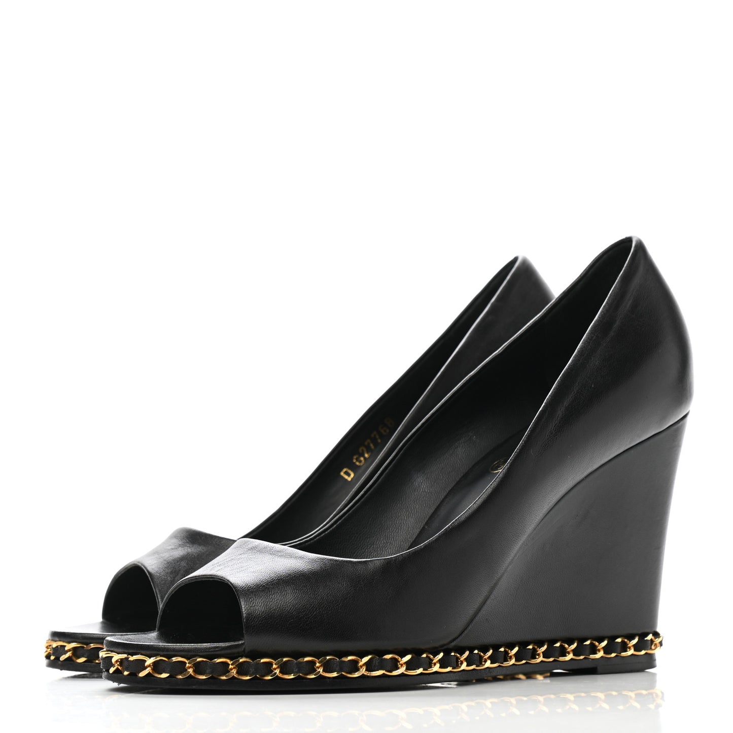 Calfskin Chain Peep Toe Wedge Pumps 39.5 Black