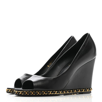 Chanel Calfskin Chain Peep Toe Wedge Pumps 39.5 Black 3 of 13