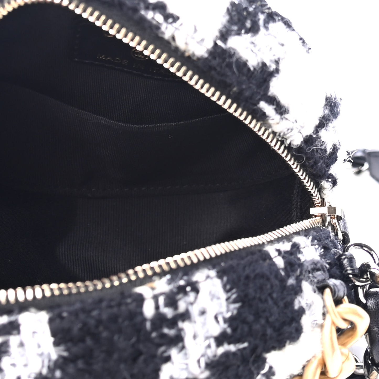 Wool Tweed Lambskin Quilted Chanel 19 Round Clutch With Chain and Coin Purse Black White