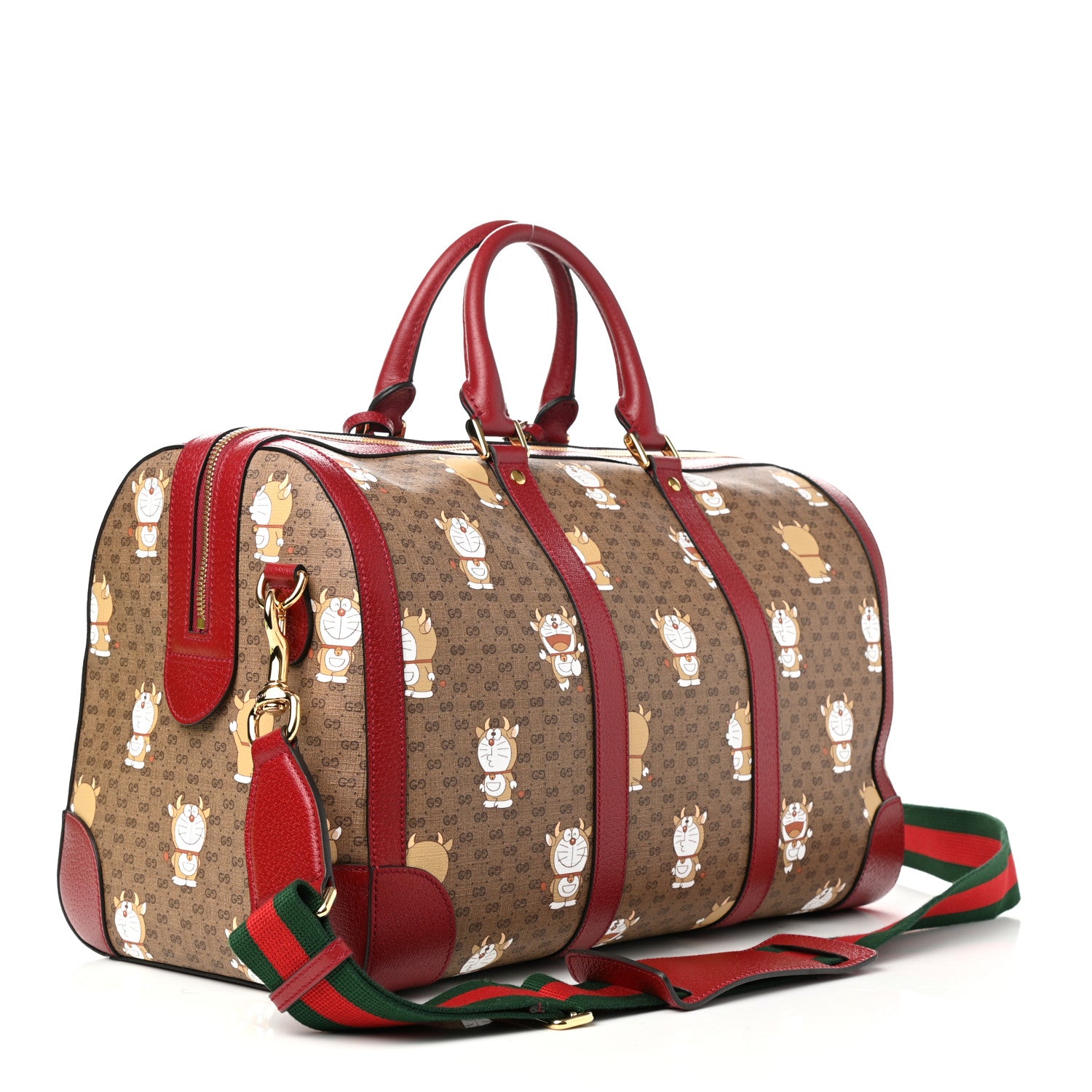 Gucci X DORAEMON Mini Vintage GG Supreme Monogram Web Duffle Travel Bag Beige Cherry Red 2 of 9