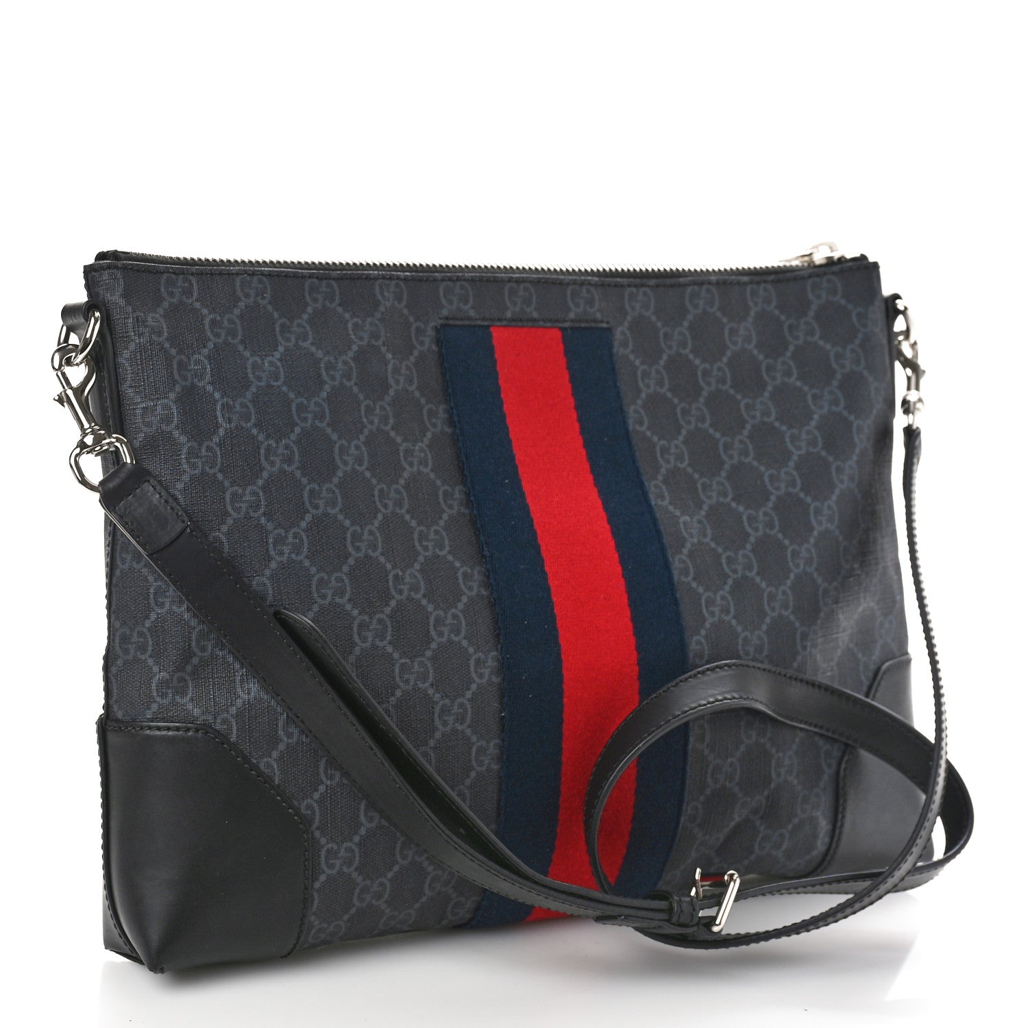 Gucci Soft GG Supreme Monogram Appia Calfskin Web East West Messenger Bag Black Grey 3 of 7