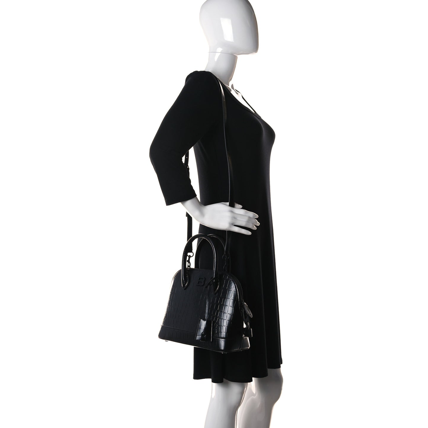 Calfskin Crocodile Embossed S Rivet Ville Top Handle Bag Black