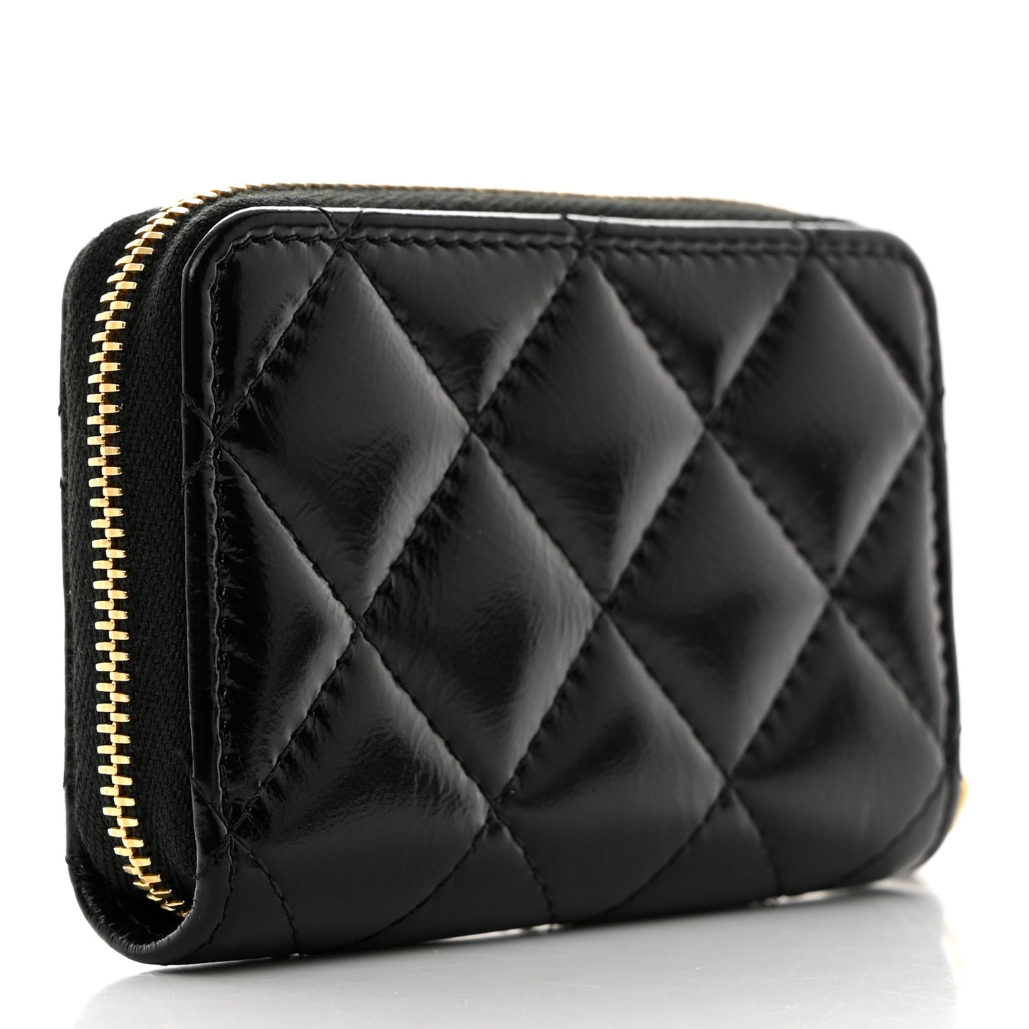Shiny Lambskin Quilted Textured CC Zip Coin Purse Black