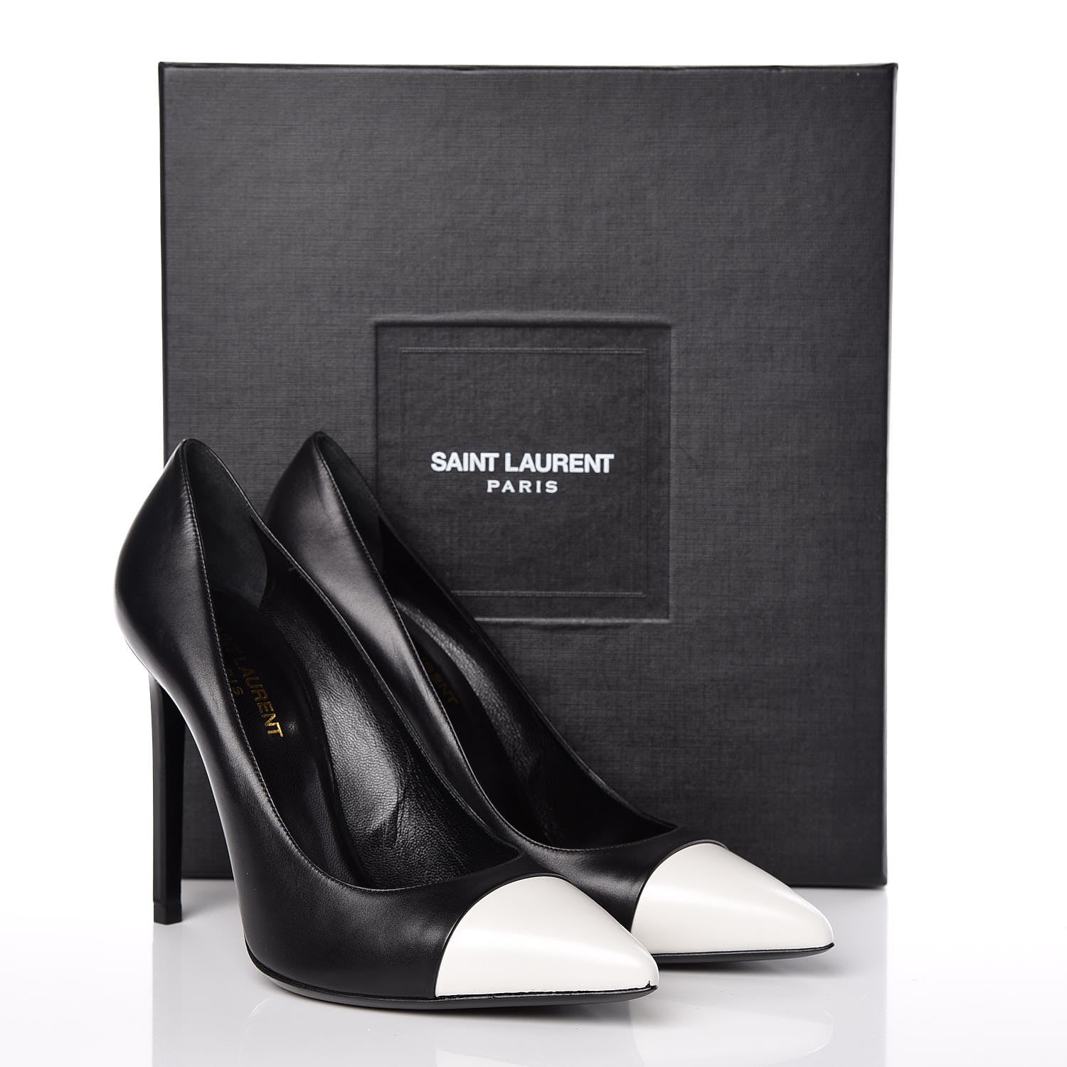 Saint Laurent Calfskin Bi-Color Cap Toe 105 Pumps 38.5 Black Porcellana 12 of 12