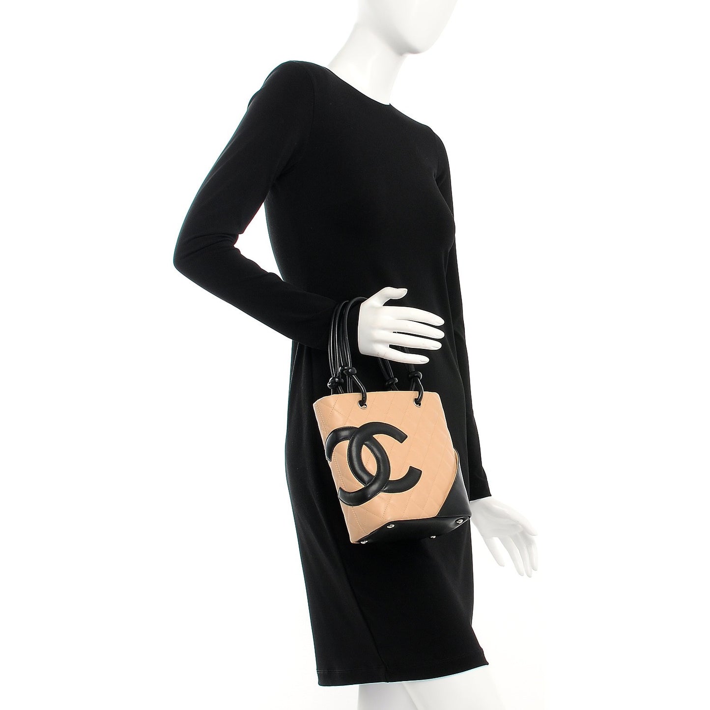 Calfskin Quilted Small Cambon Tote Beige Black