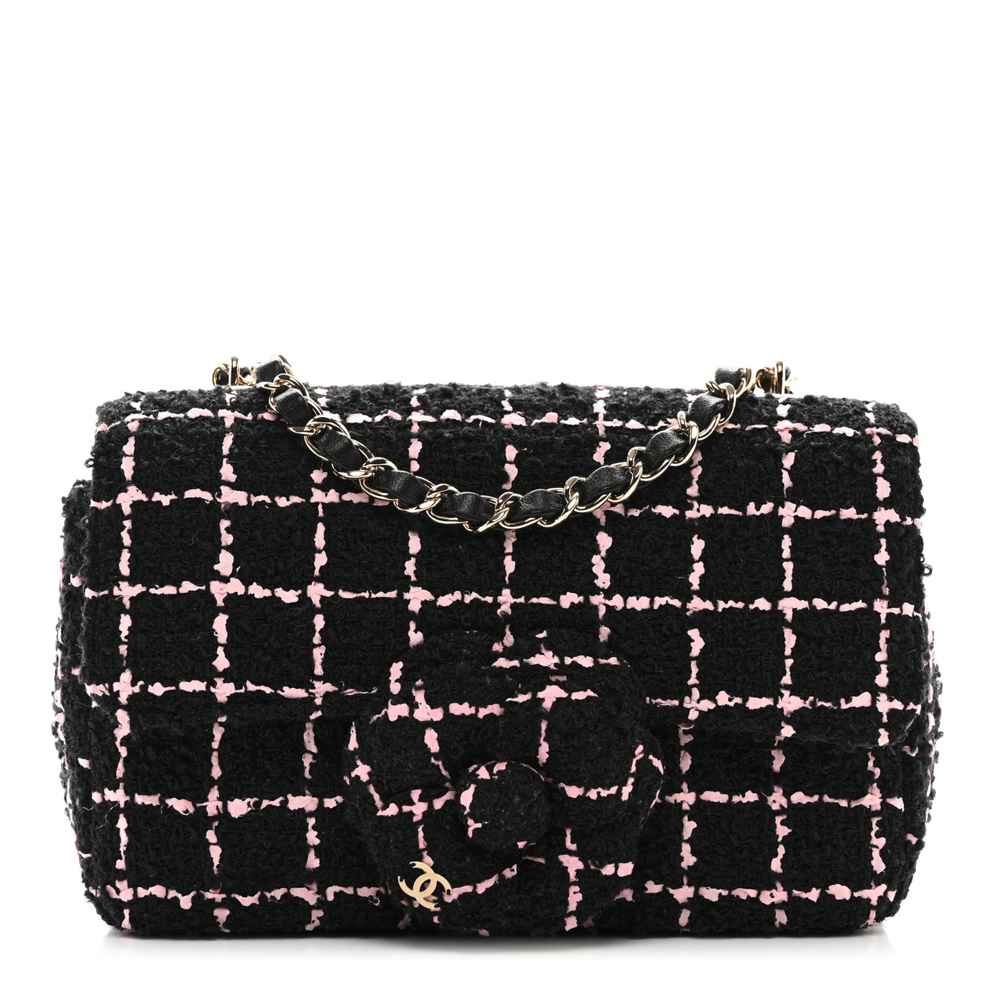 Tweed Quilted Small Camellia Flap Black Pink