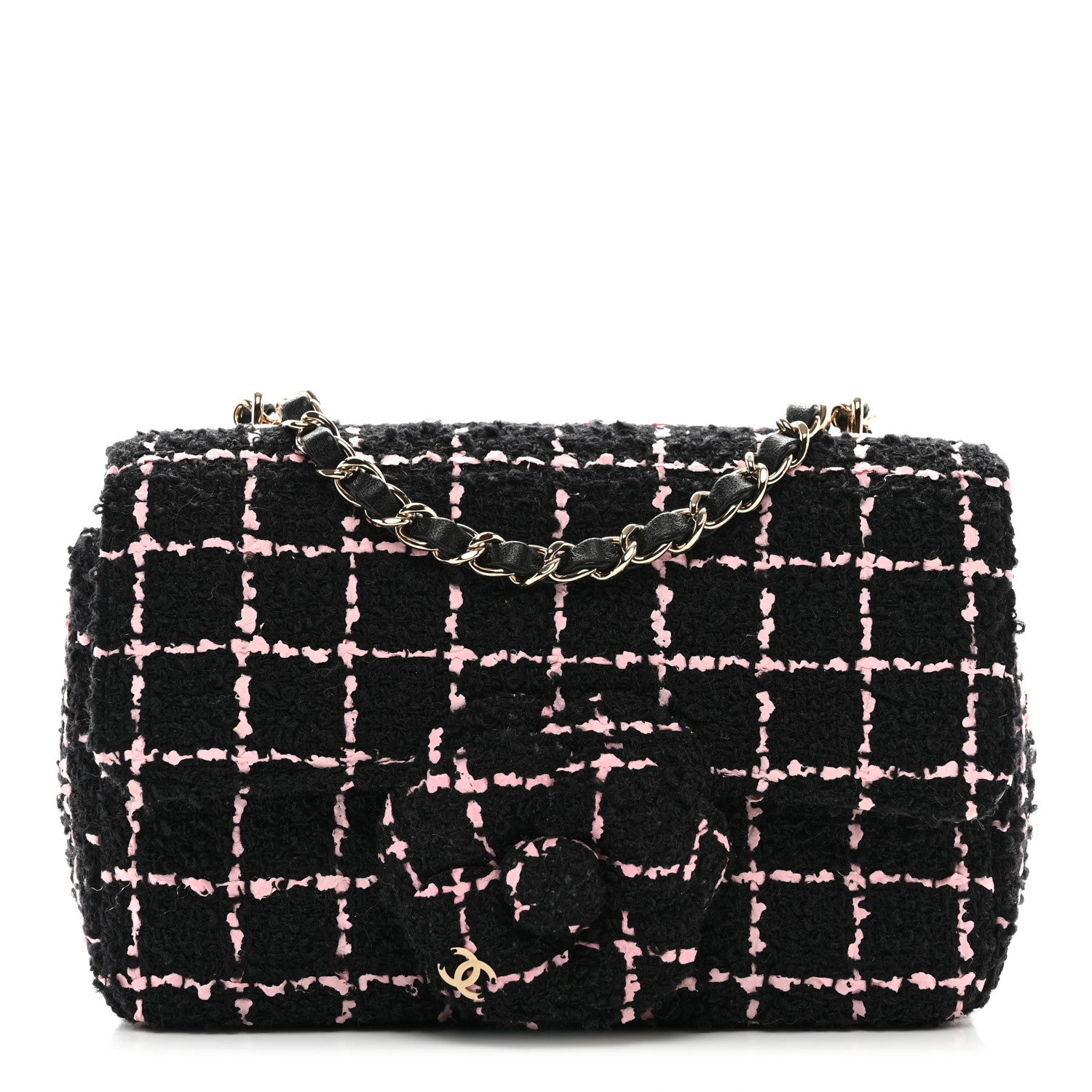 Chanel Tweed Quilted Small Camellia Flap Black Pink 1 of 10