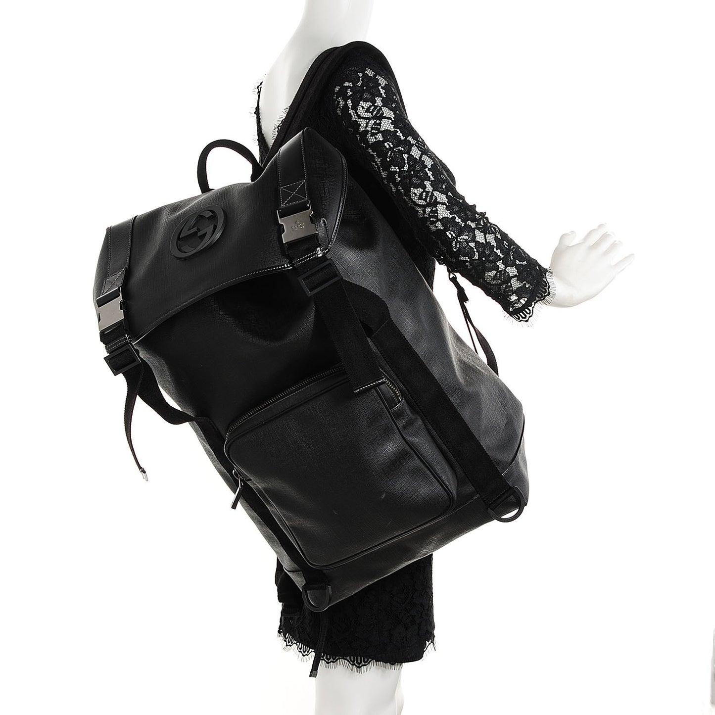 Coated Canvas Interlocking G Double Buckle Backpack Black