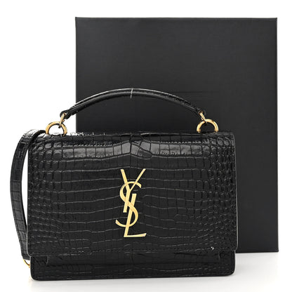 Saint Laurent Calfskin Crocodile Embossed Monogram Sunset Top Handle Chain Wallet Black 11 of 11