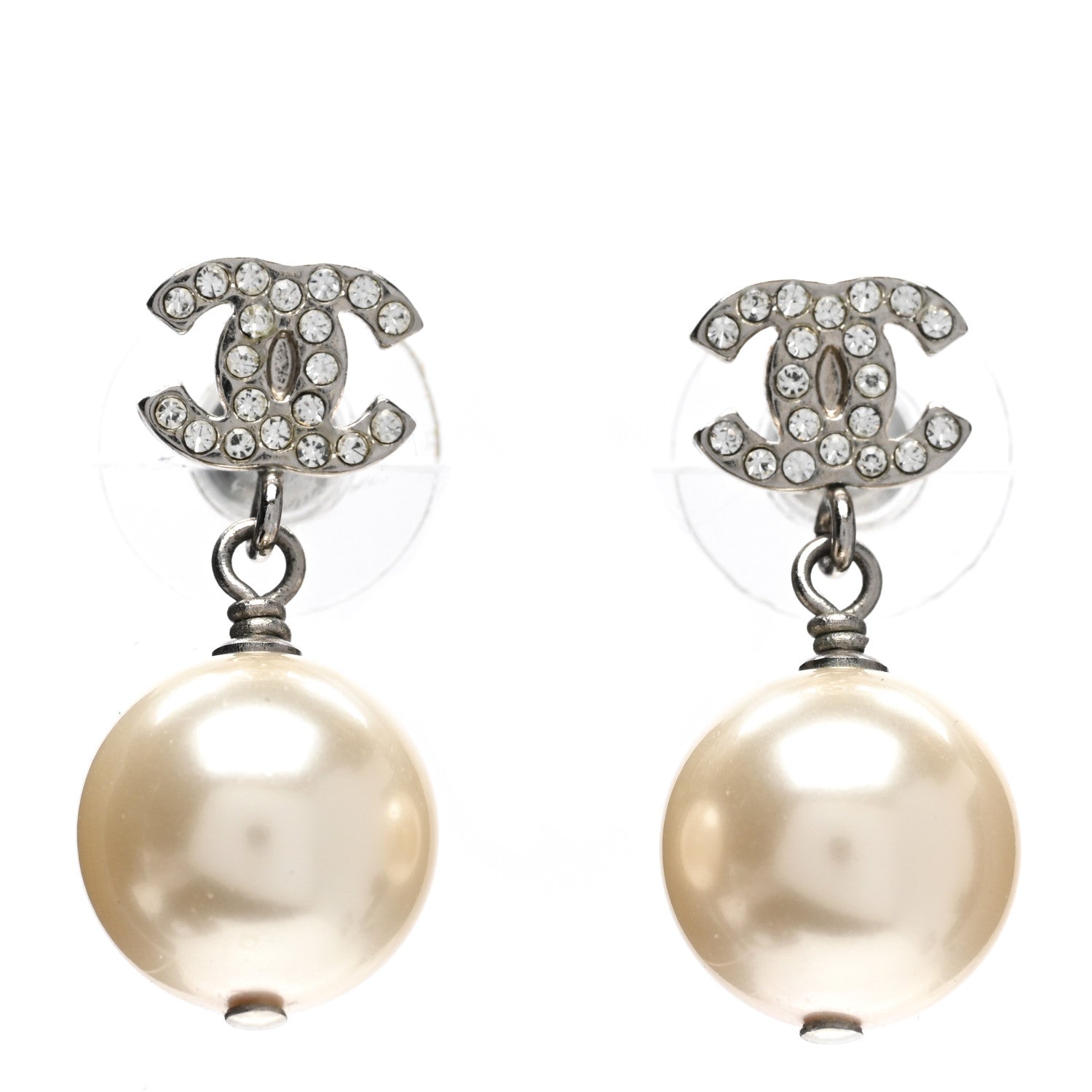 Chanel Crystal Pearl CC Drop Earrings Silver Pearly White 1 of 5