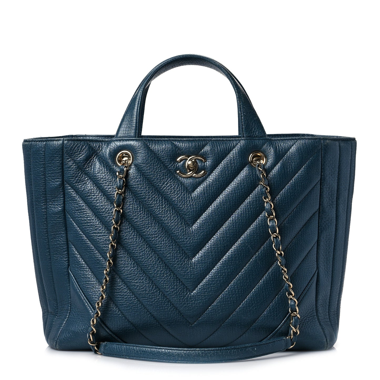 Calfskin Chevron Quilted Large Shopping Tote Blue
