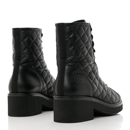 Chanel Lambskin Quilted Lace Up Combat Boots 36.5 Black 4 of 8