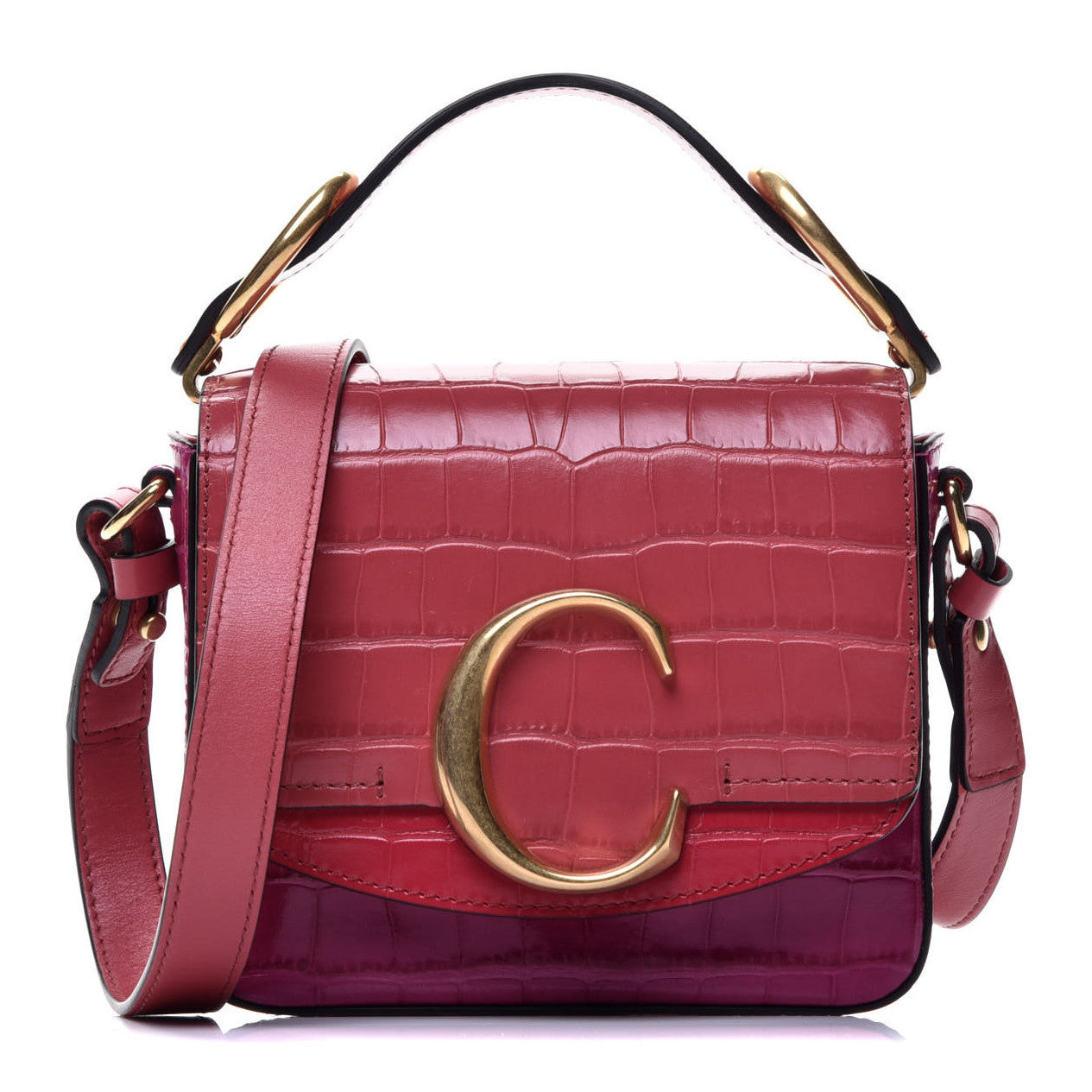 Calfskin Crocodile Embossed Mini C Double Carry Graphic Pink