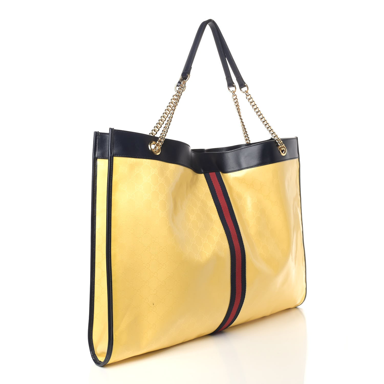 Gucci Crystal Monogram Maxi Rajah Chain Tote Straw Yellow Blue 4 of 16