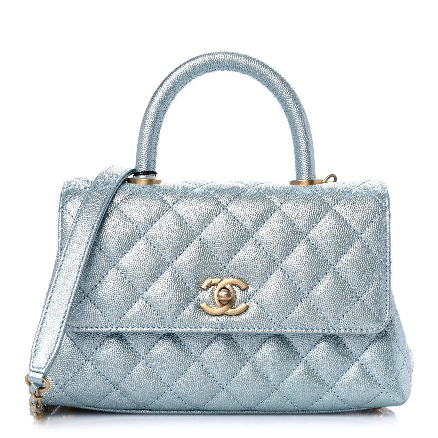 Metallic Caviar Quilted Mini Coco Handle Flap Light Blue