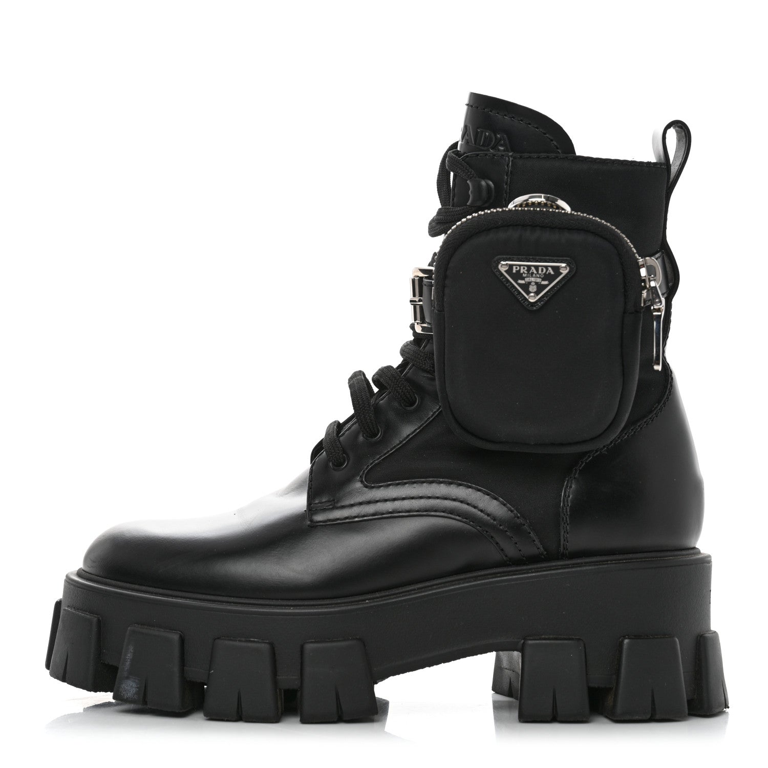 Prada Spazzolato Rois Nylon Metal Triangle Logo Monolith Pouch Pocket 55mm Boots 37 Black 1 of 8