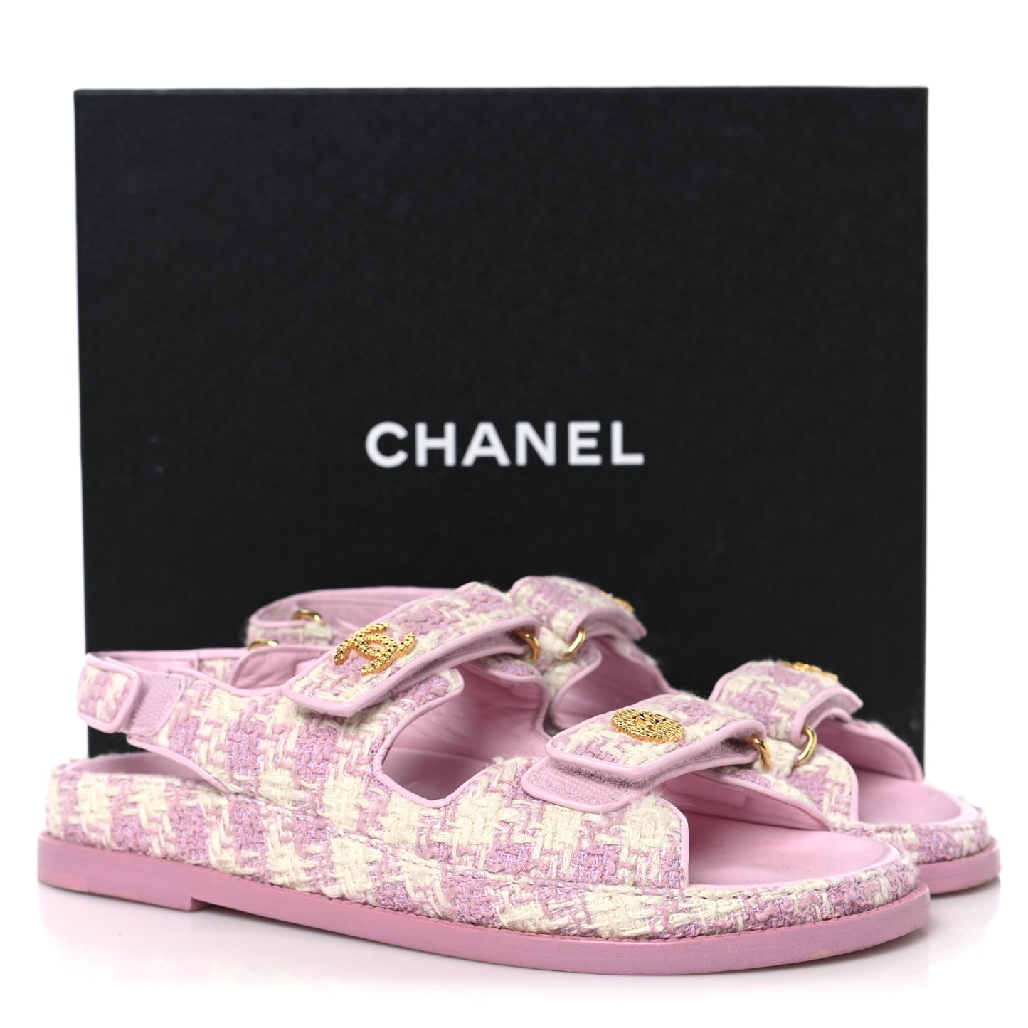 Cotton Tweed Velcro Dad Sandals 38 Pink Ecru