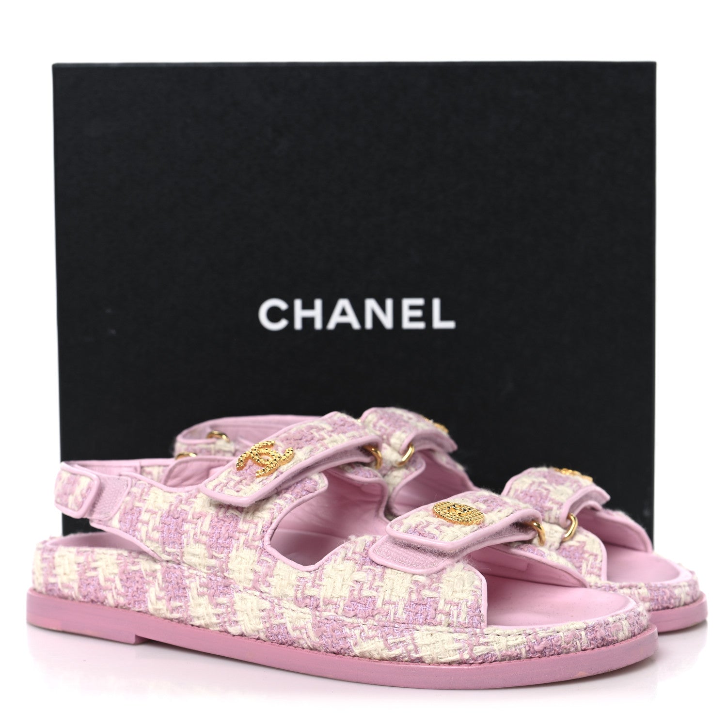 Chanel Cotton Tweed Velcro Dad Sandals 38 Pink Ecru 10 of 10