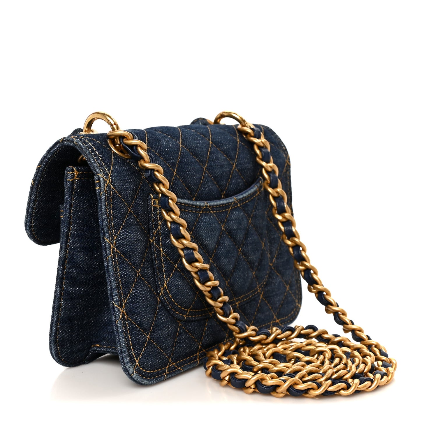 Denim Quilted Double You Mini Flap  Blue Golden