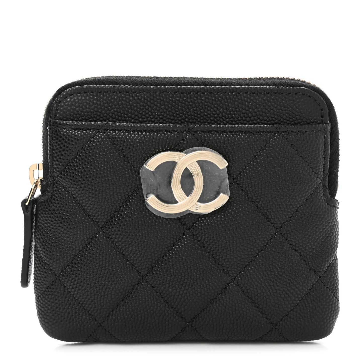 Caviar Metal Quilted Striated Zip Card Holder Wallet Black